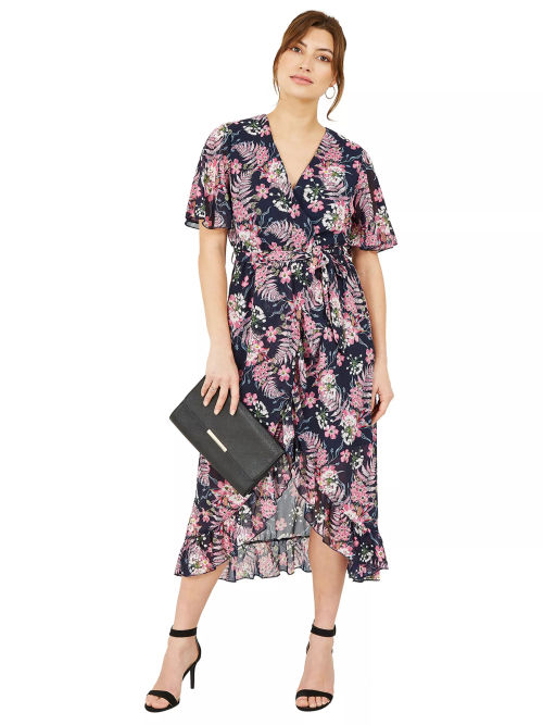 Yumi Navy Wrap Midi Dress With Flutter Sleeve