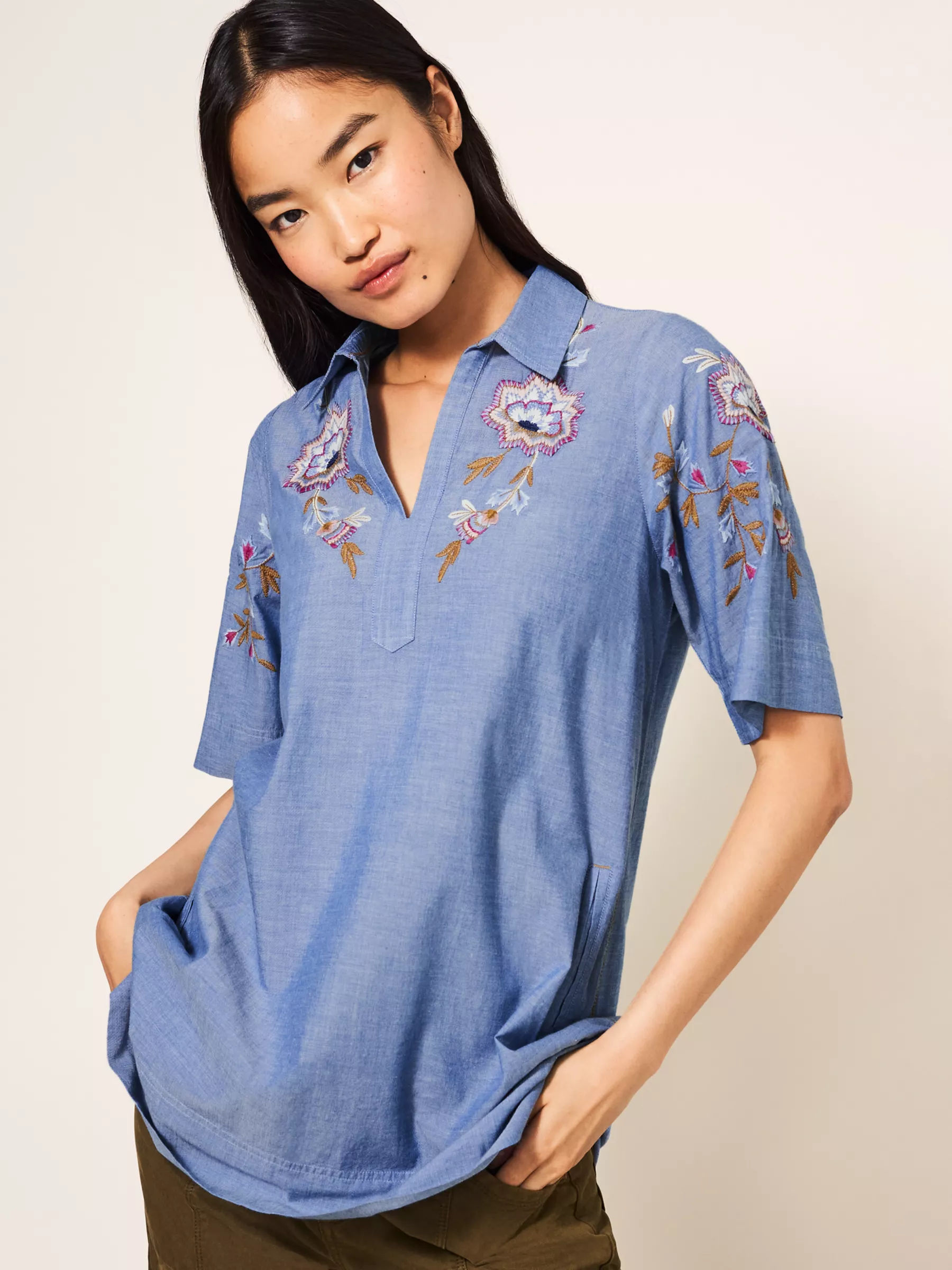 White Stuff Savannah Embroidered Tunic Top Chambray Blue 65.00