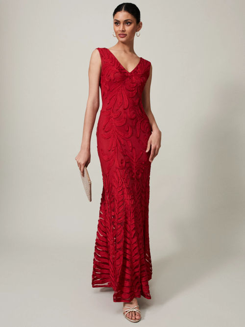 Scarlet Red Maxi Dress with Ruffled Sleeves & Skirt, Phase Eight