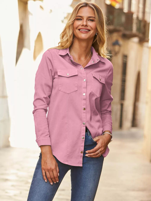 Sosandar Denim Relaxed Fit Popper Front Shirt, Soft Pink