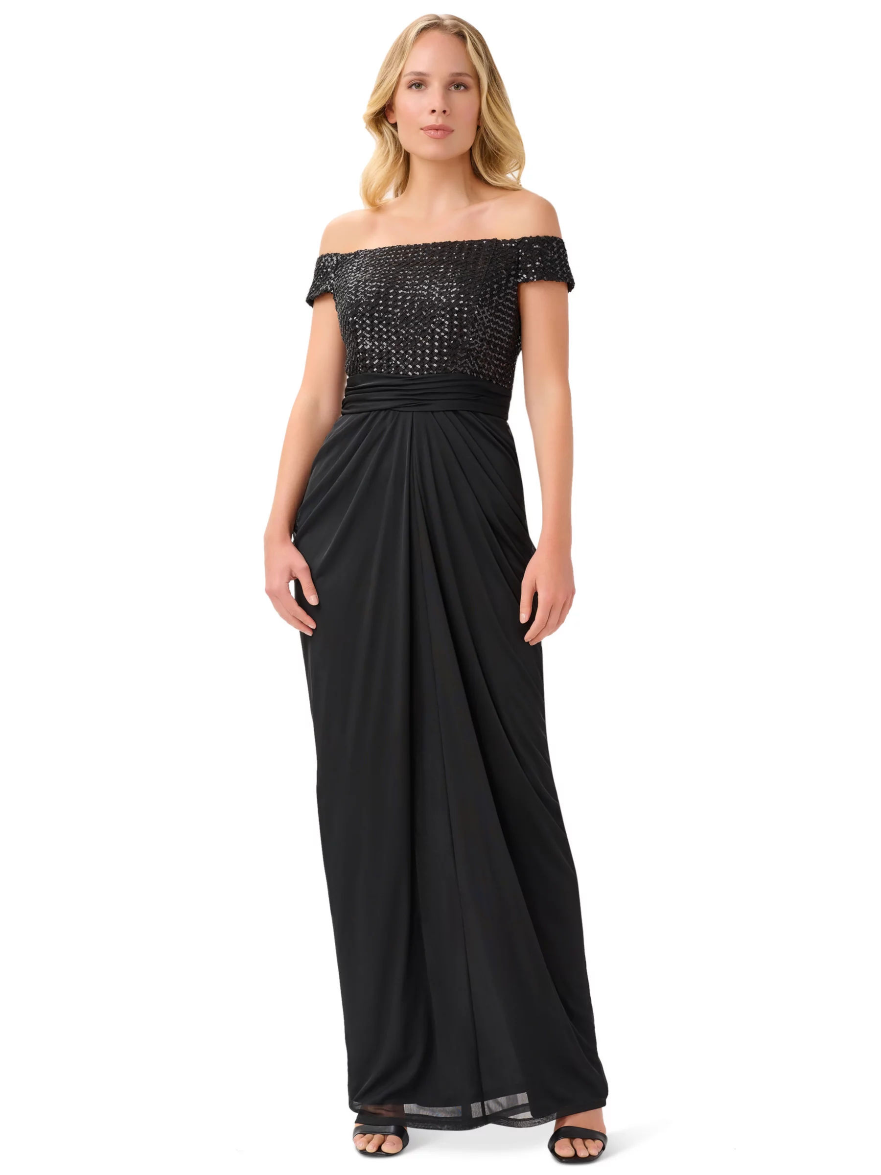 Adrianna Papell Studio Sequin Off The Shoulder Maxi Dress Black