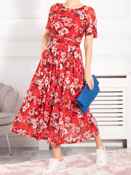 Jolie Moi Floral Ruched Mesh Midi Dress, Navy