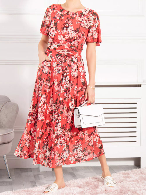 Jolie Moi Long Sleeve Floral Mesh Midi Dress, Scarlet/Multi at John Lewis &  Partners