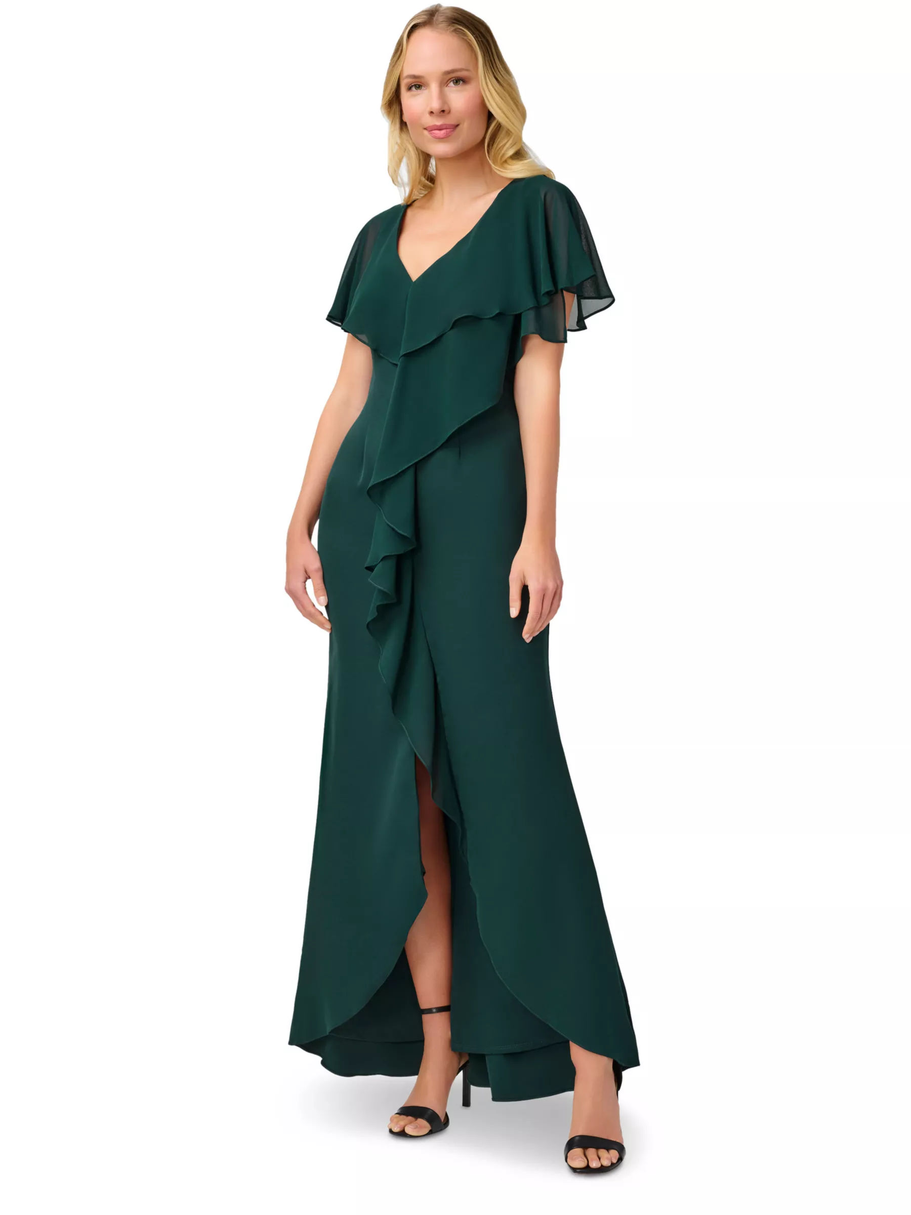 Adrianna Papell Crepe Chiffon Ruffle Detail Maxi Dress Hunter