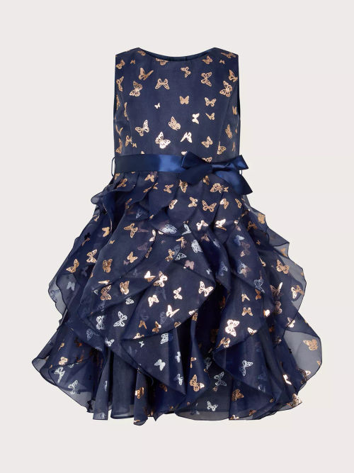 Monsoon Kids' Vera Floral Embroidered Velvet Party Dress in Navy