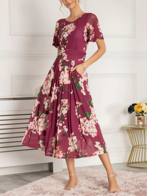 Jolie Moi Grace Floral Mesh Midi Dress, Wine/Multi