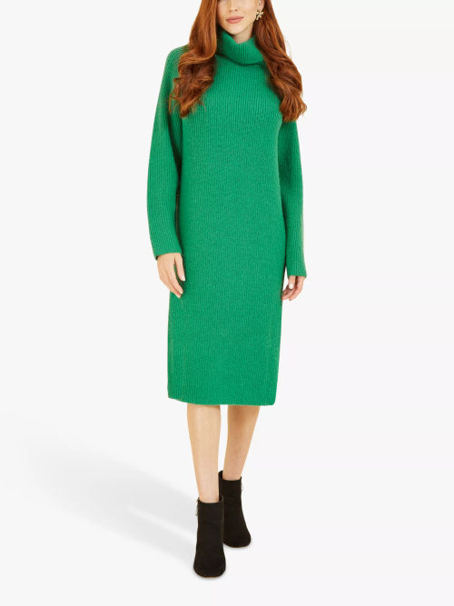 Yumi Navy Roll Neck Knitted Midi Jumper Dress