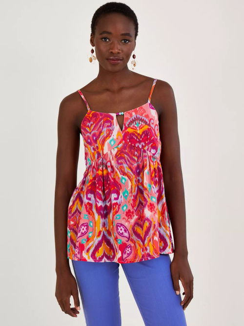 Monsoon Embroidered Cami Sleeveless Top, White/Pink at John Lewis & Partners