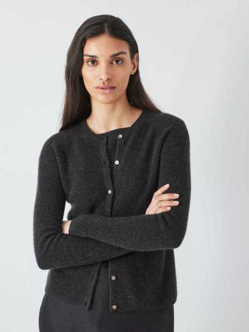 John Lewis Cashmere Crew Neck Cardigan, Grey at John Lewis & Partners