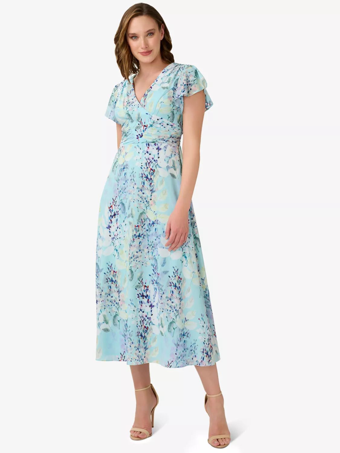 Adrianna Papell Floral Print Ruffle Midi Dress Blue Multi