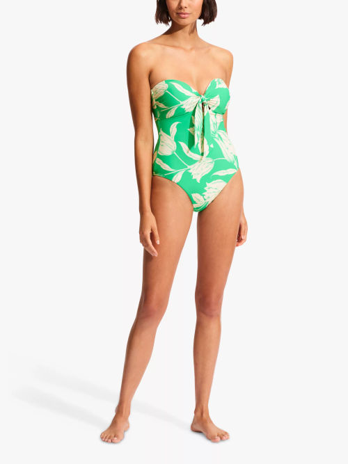 JOHN LEWIS Nassau Twist Front Leaf Print Swimsuit in Navy/Green