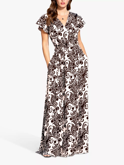 HotSquash Mock Wrap Floral Chiffon Maxi Dress, Retro Cream/Black