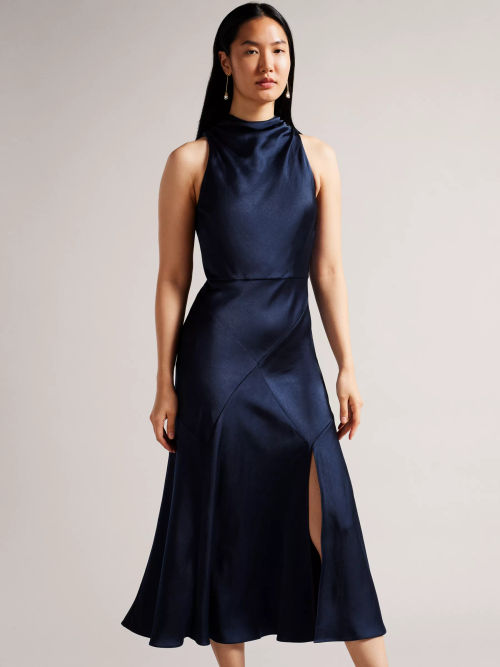 Ted Baker Lilymay Halterneck Midi Satin Dress, Dark Blue, £225.00