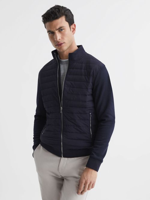 Reiss Trainer Quilted Front Zip Cardigan, Soft Grey at John Lewis & Partners