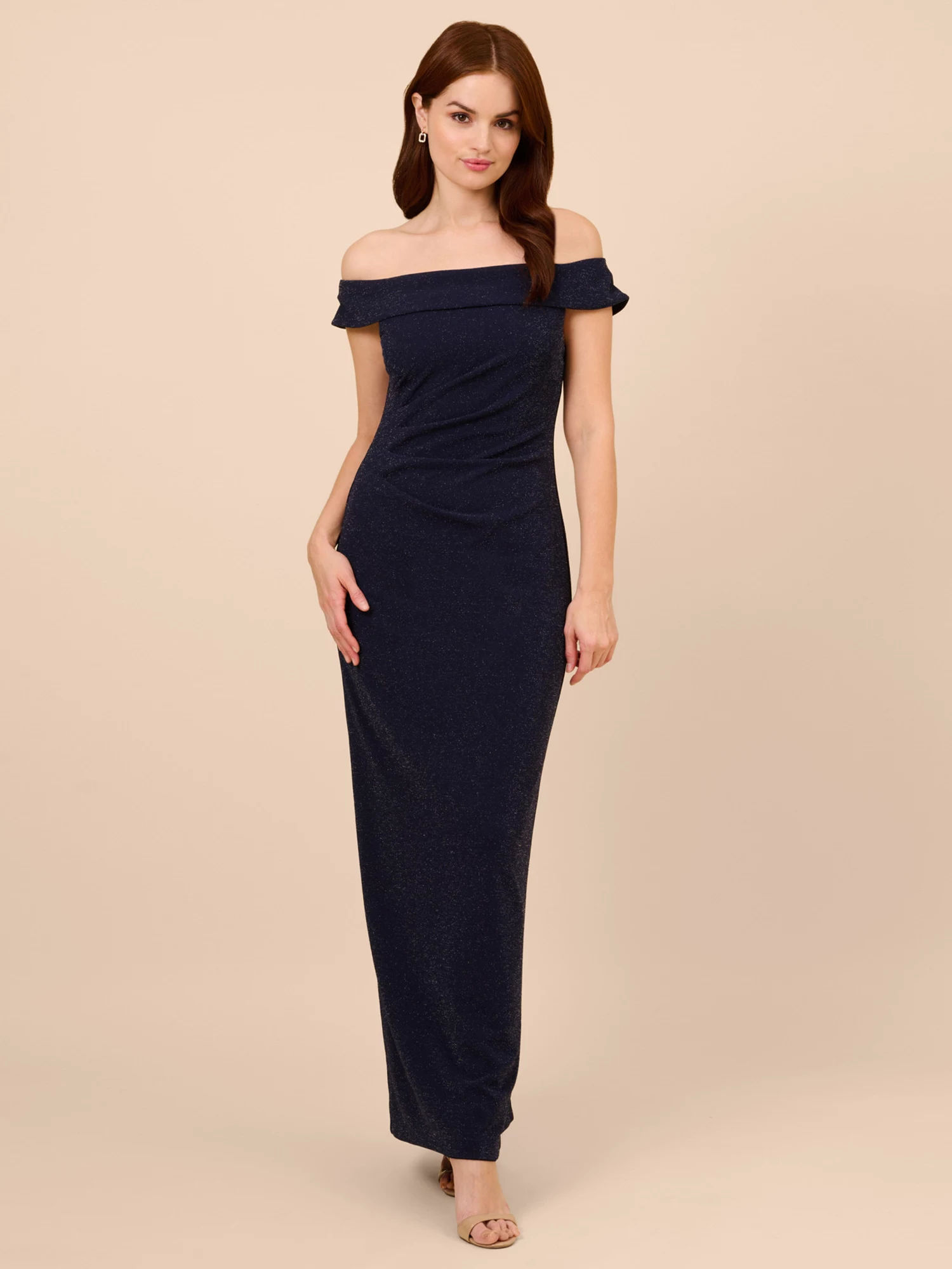 Adrianna Papell Metallic Knit Draped Maxi Dress Light Navy