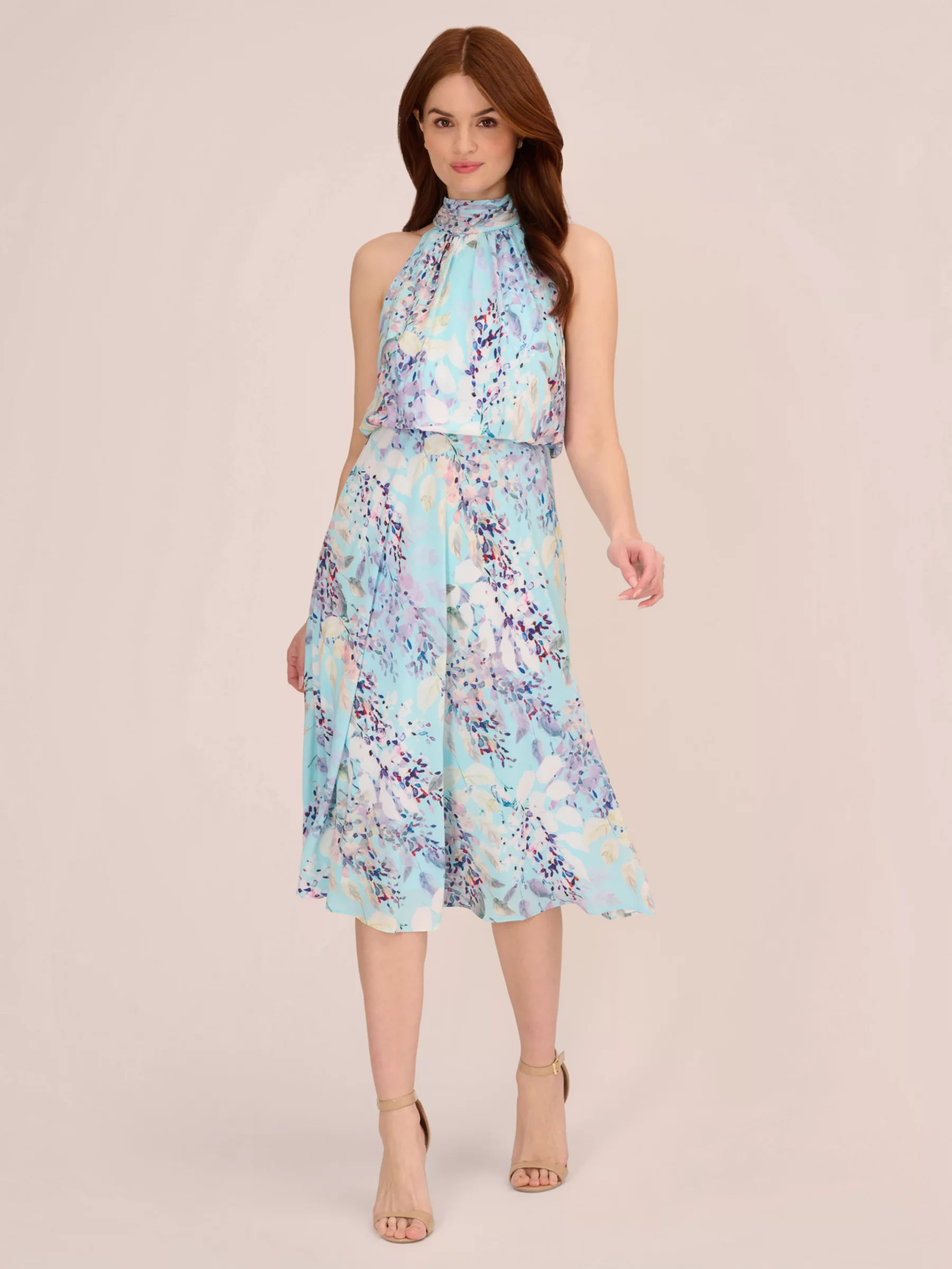 Adrianna Papell Watercolor Floral Midi Dress Light Blue Multi