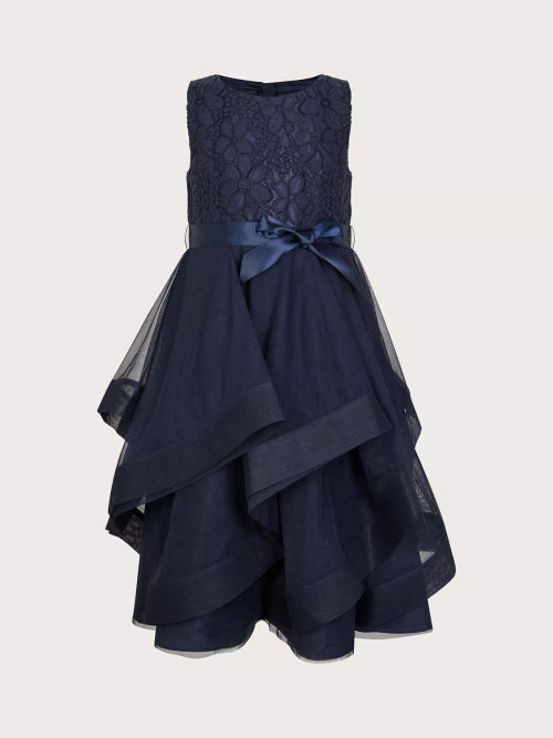 Monsoon Kids' Vera Floral Embroidered Velvet Party Dress in Navy