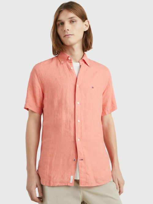 Tommy Hilfiger Linen Short Sleeve Shirt, Peach Dusk, £90.00