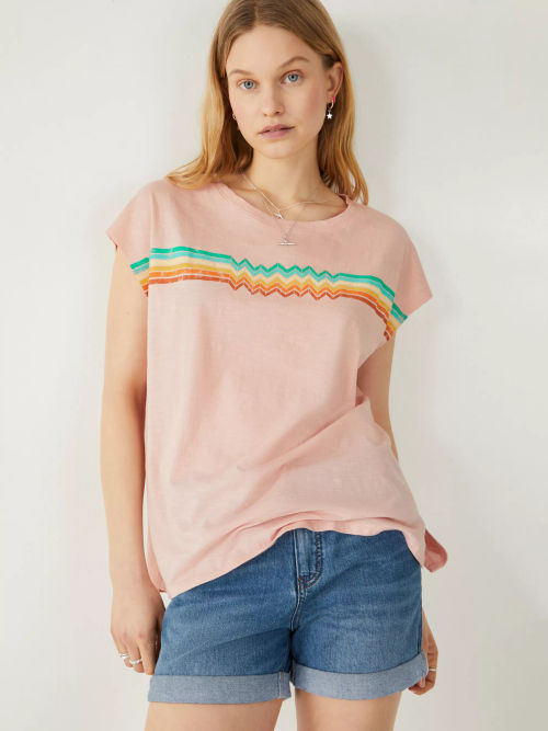 HUSH Zig Zag Rainbow Stripe T-Shirt, Washed Mauve, £39.00