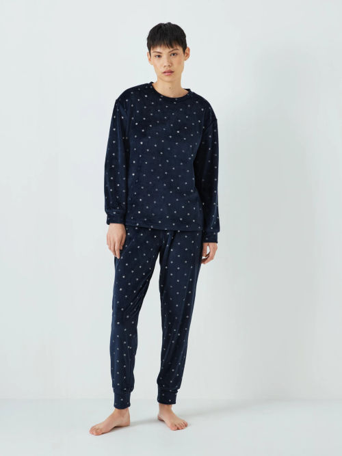 John Lewis Snowflake Velour Pyjama Set, Navy/Silver at John Lewis