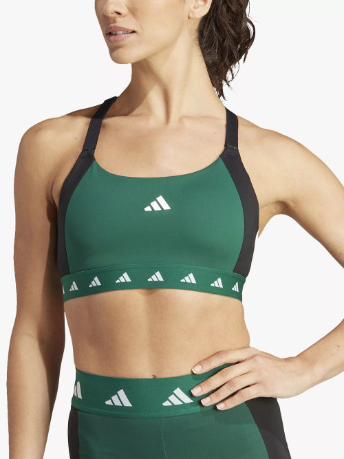 adidas Powerreact Training Medium Impact Techfit Colour Block Sports Bra,  Green/White/Black, £38.00