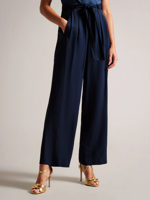 John Lewis Plain Wool Blend Wide Leg Trousers, Navy at John Lewis & Partners