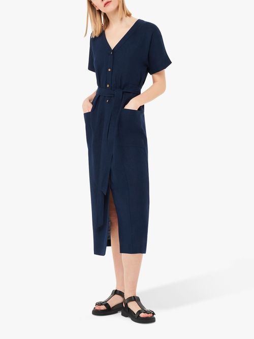 Whistles Linen Belted Midi Dress, Navy