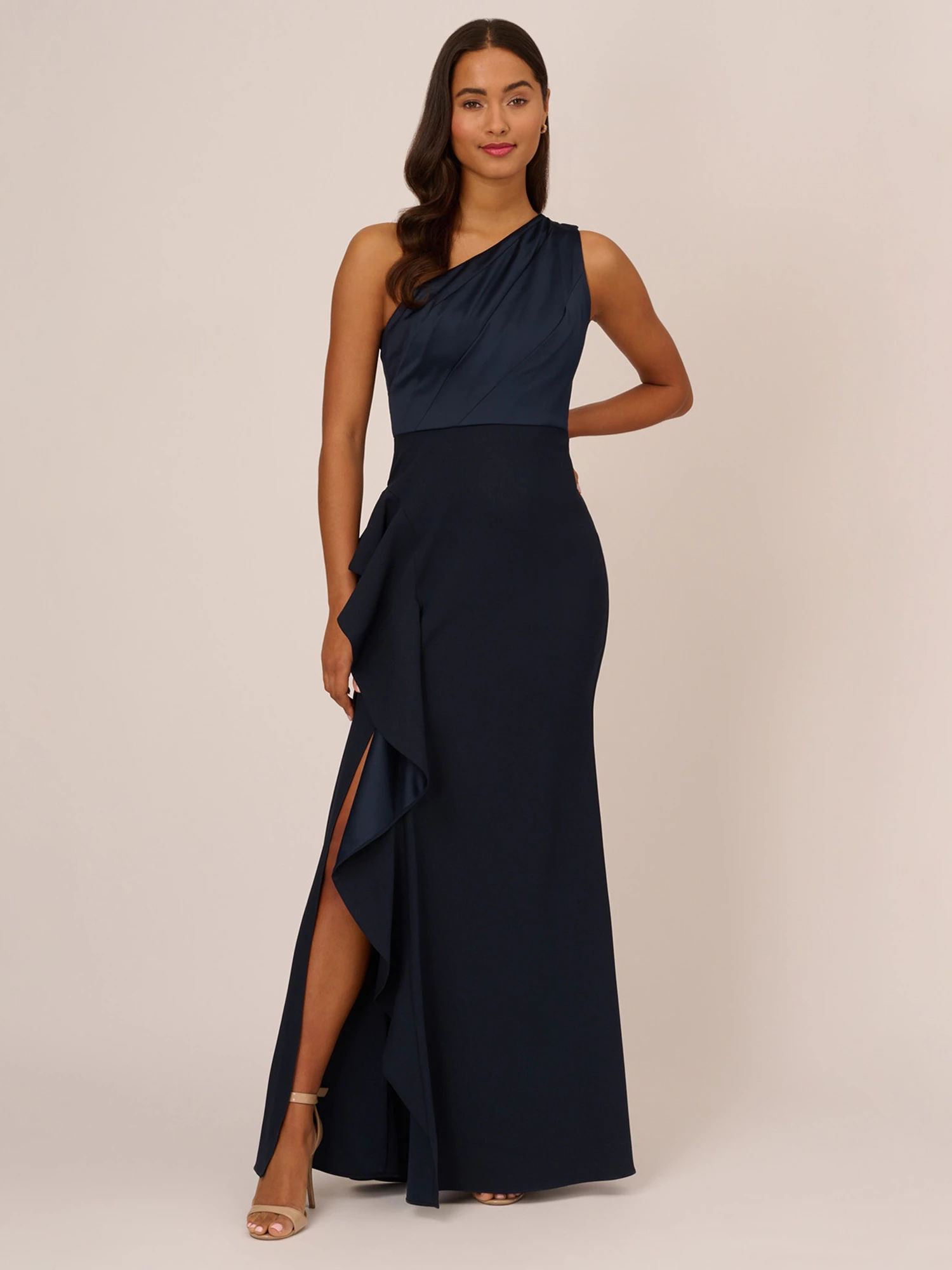 Adrianna Papell One Shoulder Satin Crepe Maxi Dress Dark Navy