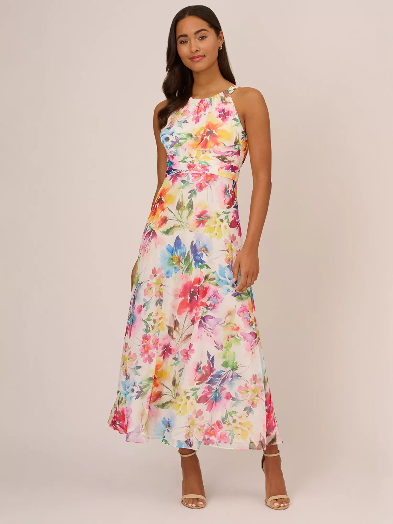 Adrianna Papell Floral Chiffon Halterneck Maxi Dress Ivory Multi