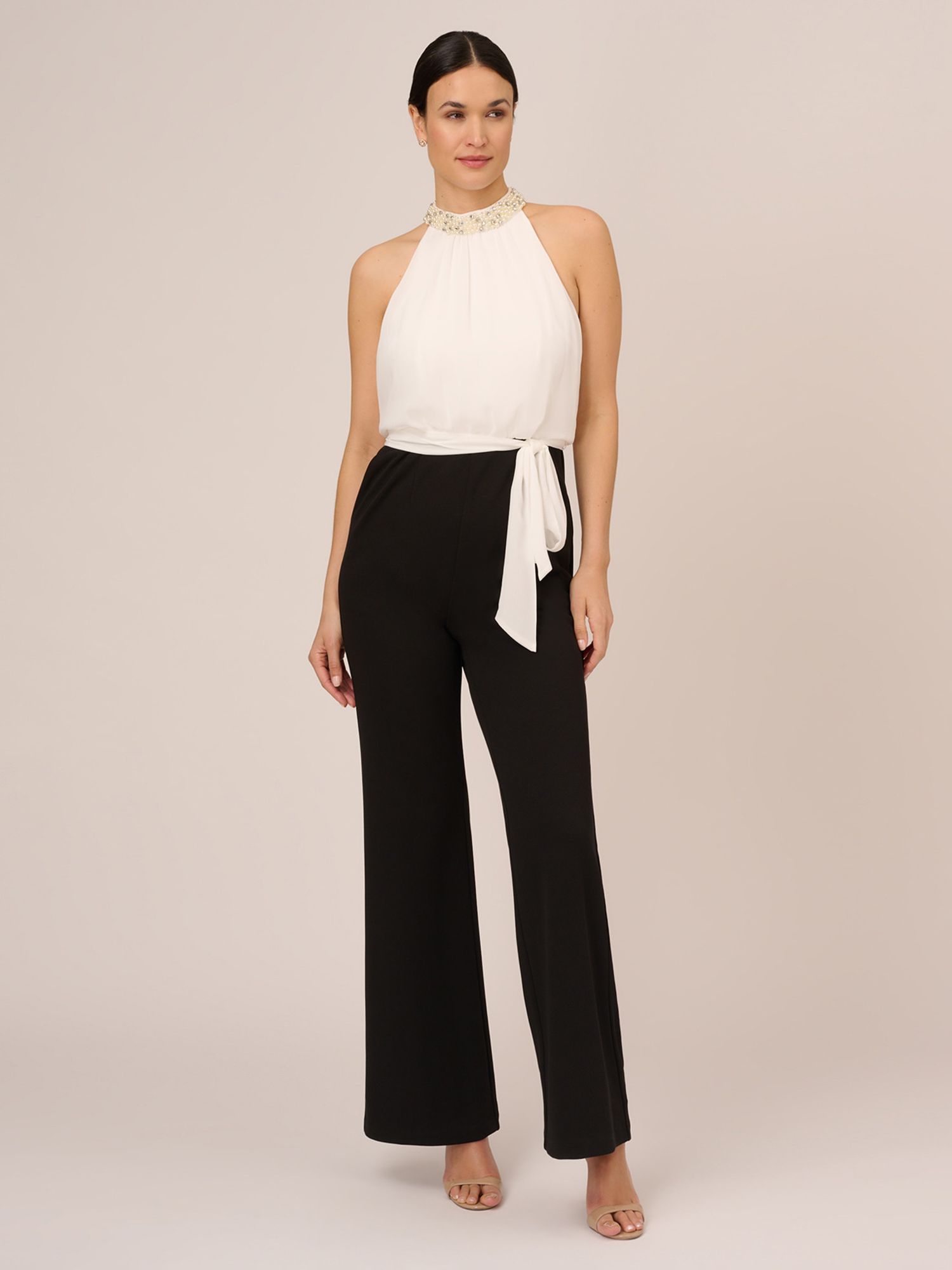 Adrianna Papell Faux Pearl Chiffon Crepe Jumpsuit Ivory Black