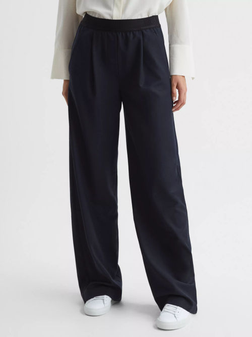 John Lewis Plain Wool Blend Wide Leg Trousers, Navy at John Lewis & Partners