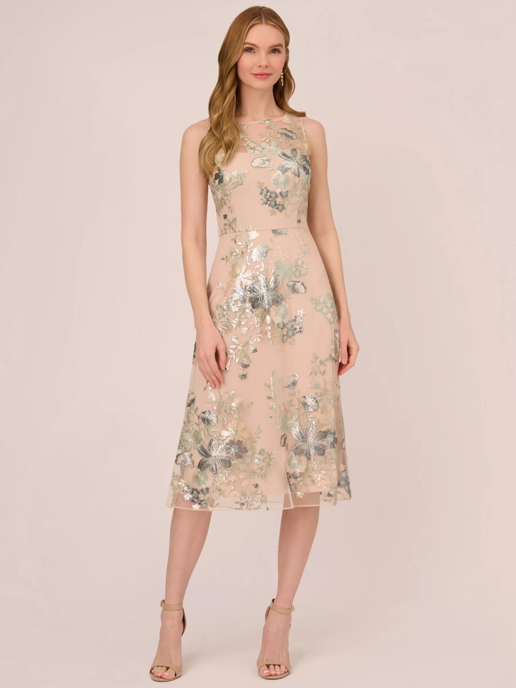 Adrianna Papell Foil Embroidery Dress Champagne Mint Multi