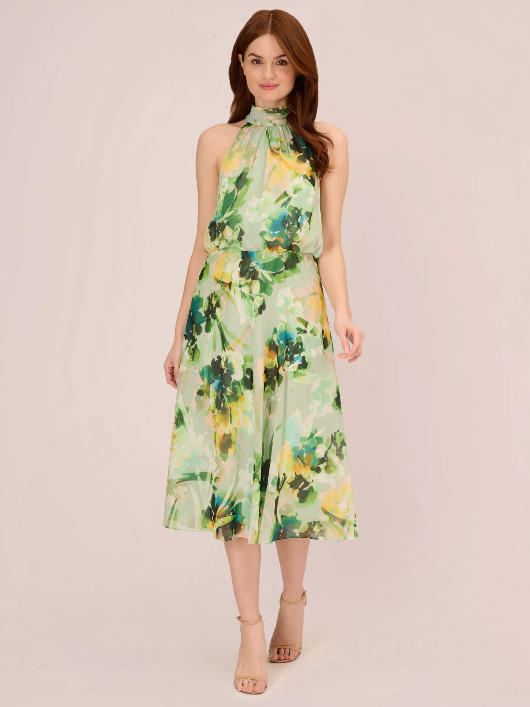 Adrianna Papell Floral Chiffon Halterneck Midi Dress Green Multi