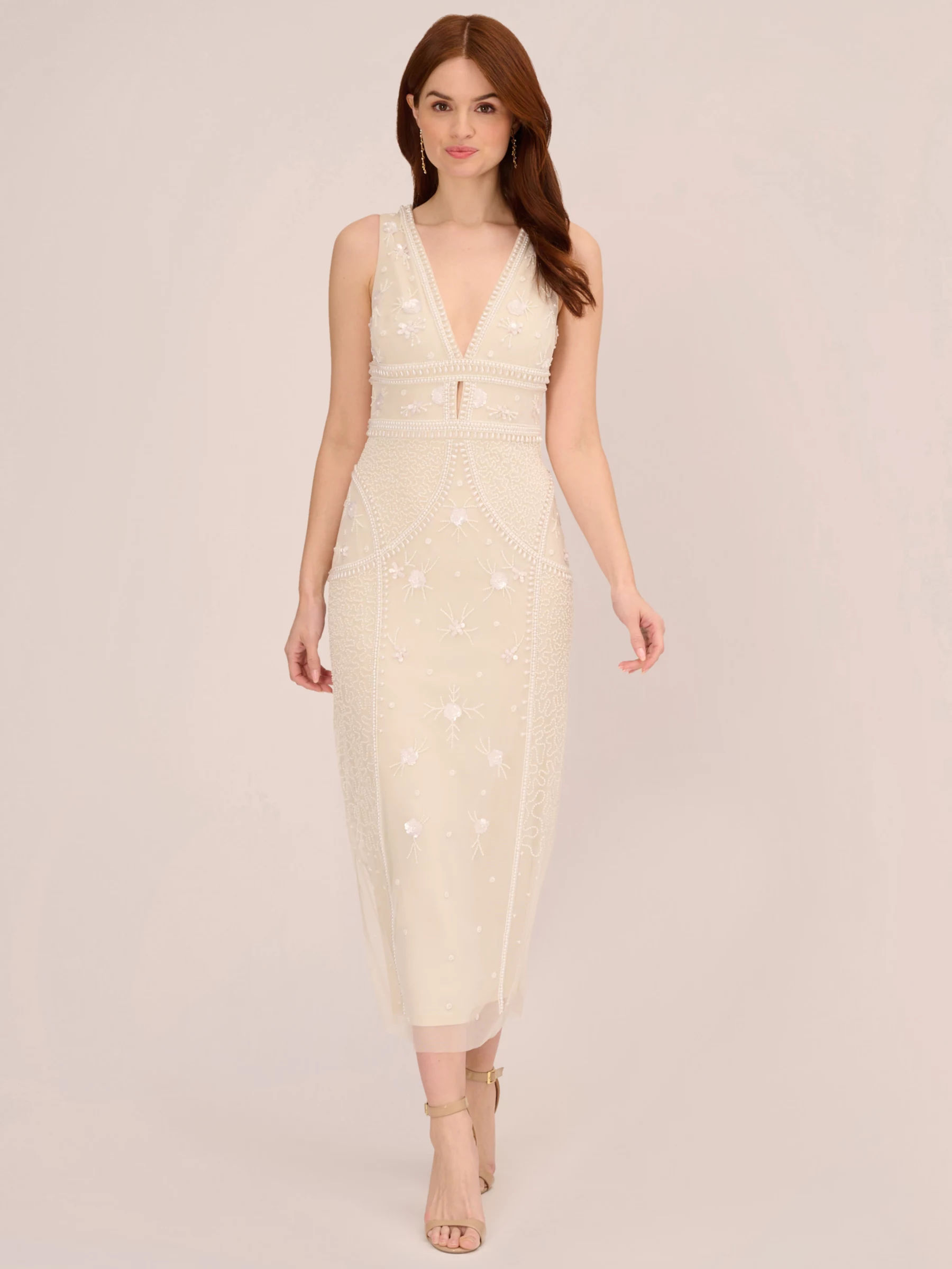 Adrianna Papell Beaded Ankle V Neck Dress Ivory Pearl 299.00