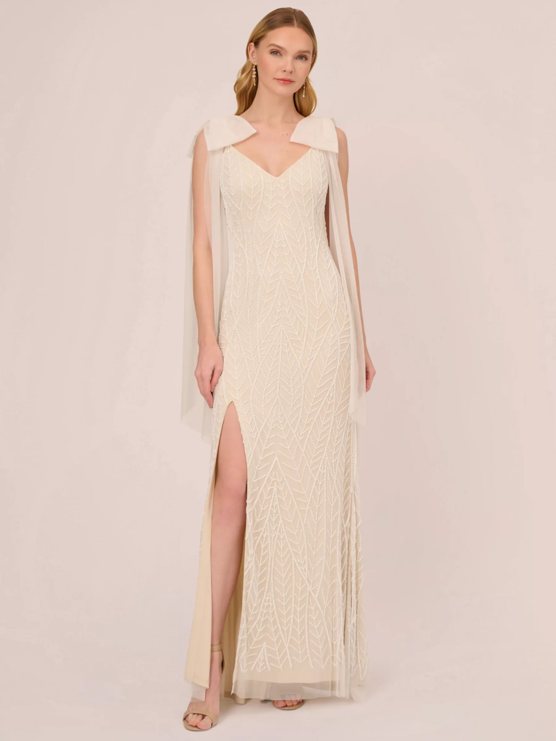 Adrianna Papell Leaf Beaded Long Dress Ivory Pearl 349.00