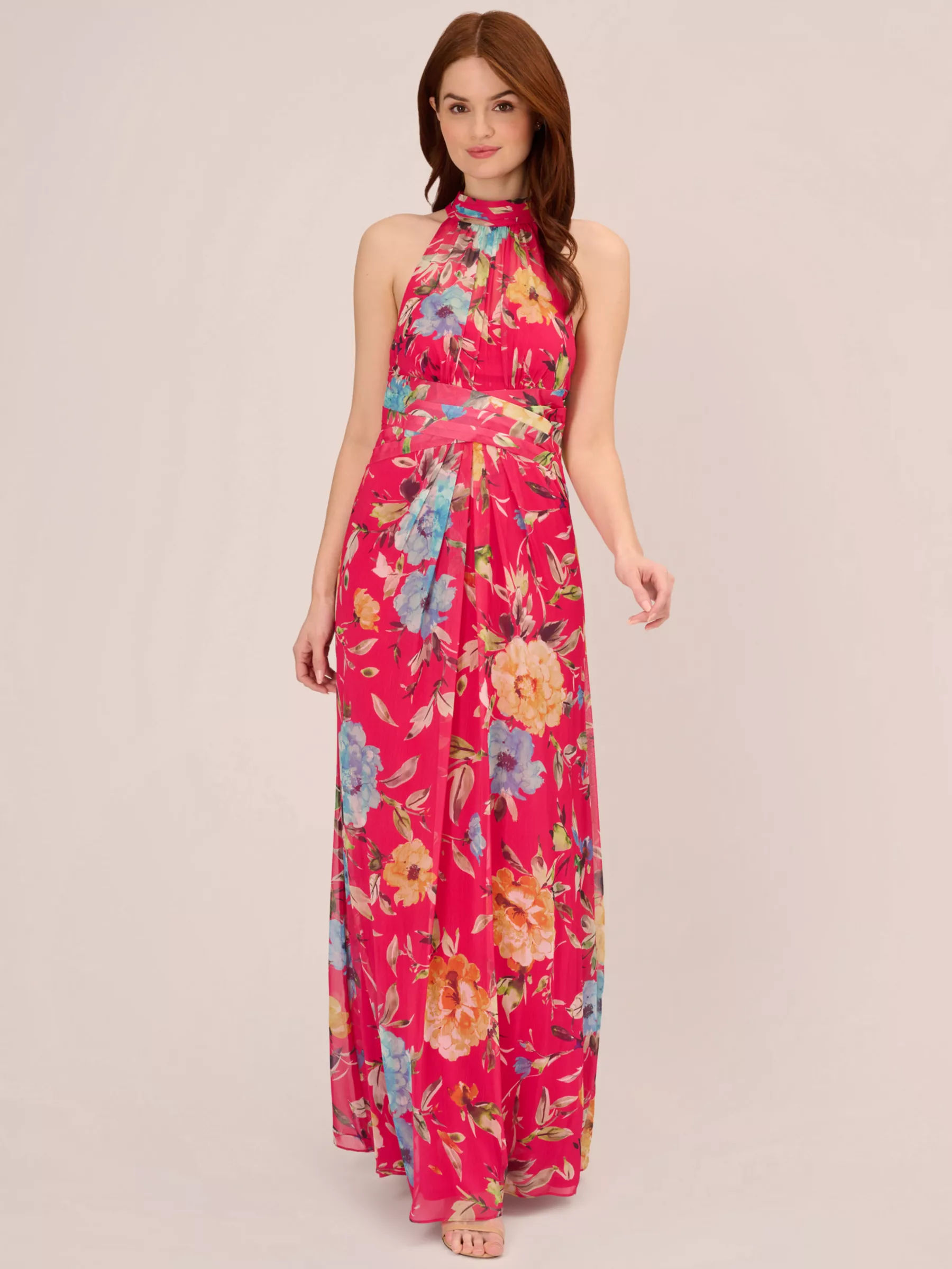 Adrianna Papell Floral Chiffon Halterneck Dress Pink Multi