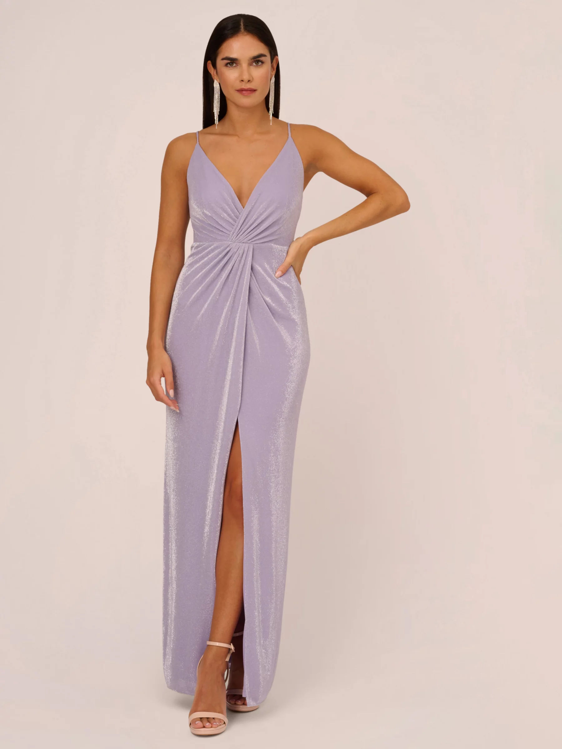 Aidan Mattox by Adrianna Papell V Neck Metallic Maxi Dress Lilac