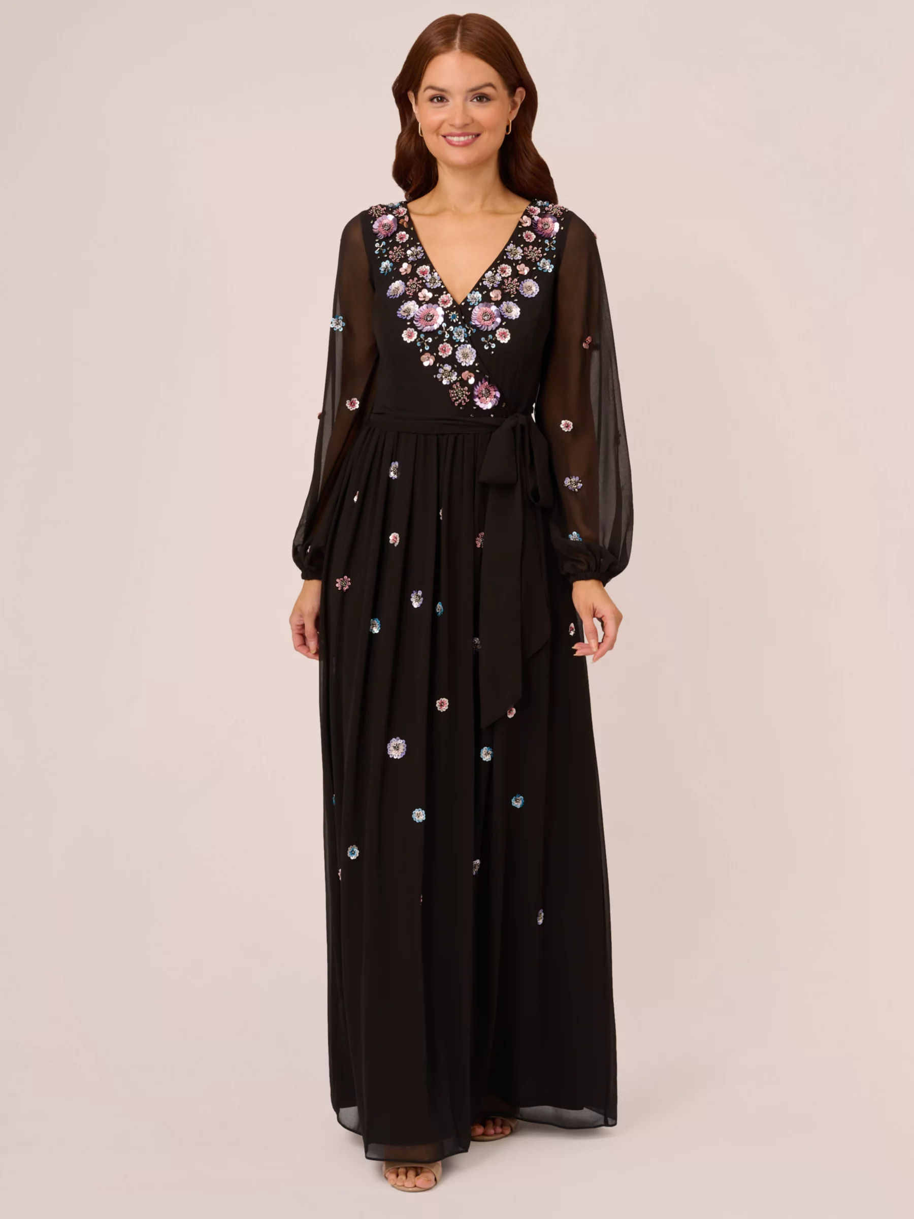 Adrianna Papell Beaded Long Sleeve Maxi Dress Black Multi