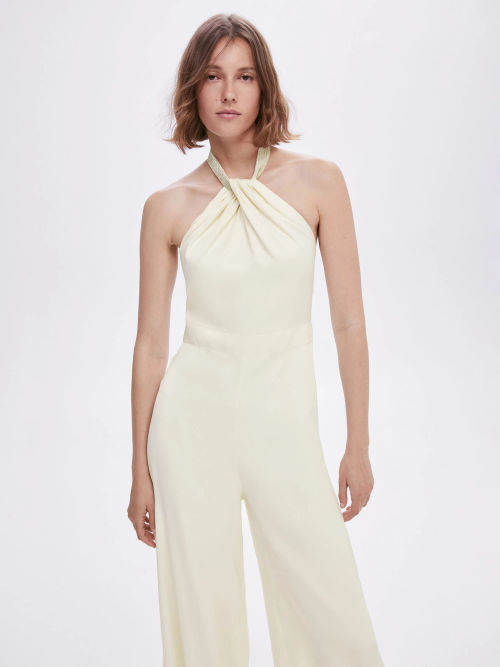 Mango Rocher Draped Neck Satin Jumpsuit, Light Beige, XS