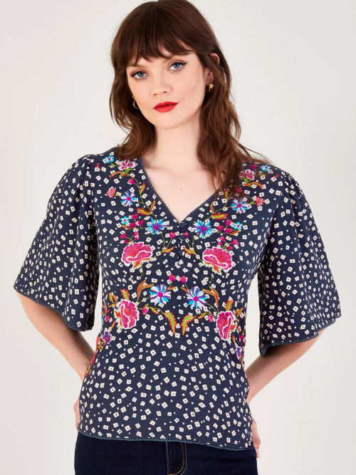 Monsoon Farah Floral Embroidered Blouse, Black at John Lewis & Partners