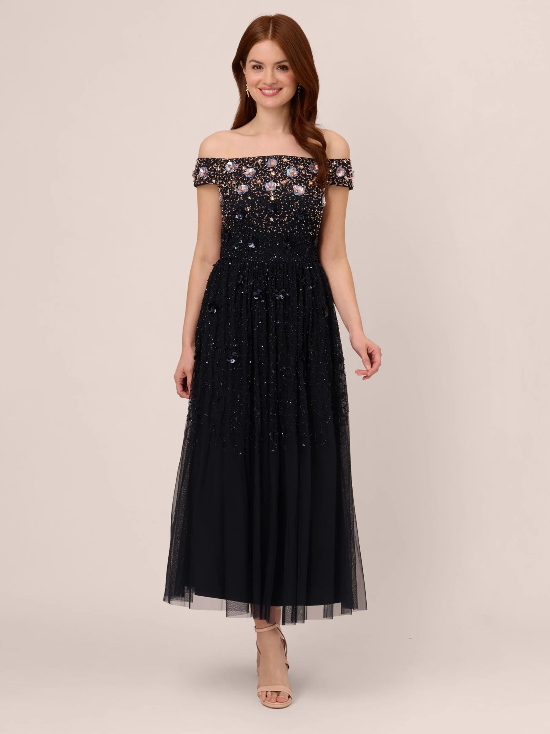 Adrianna Papell Sequin Rosettes Dress Navy Rose Gold 299.00