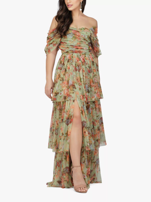 Exham Floral Mesh Maxi Dress Green, Lace & Beads