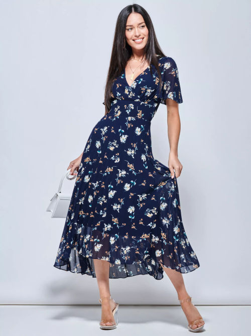 Jolie Moi Floral Ruched Mesh Midi Dress, Navy at John Lewis & Partners