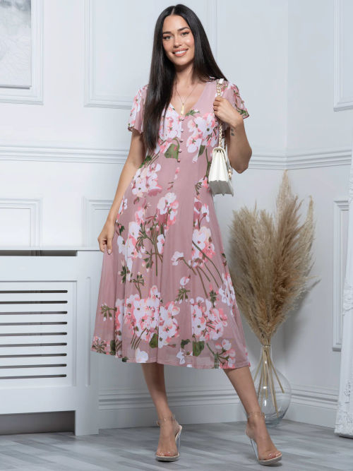 Jolie Moi Rosalie Ruched Mesh Midi Dress, Pink/Multi at John Lewis &  Partners