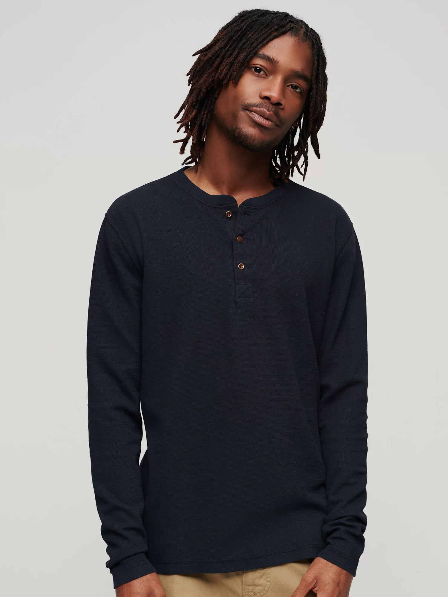 AllSaints Bodega Long Sleeved Henley Top, Washed Black | Compare