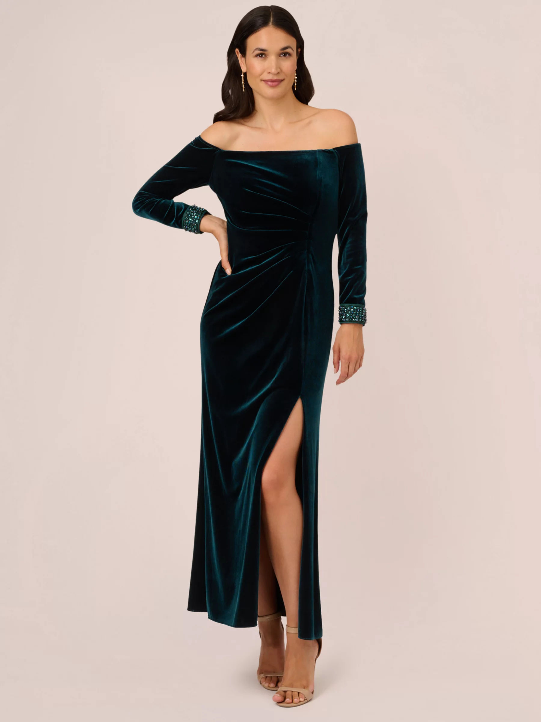 Adrianna Papell Velvet Off The Shoulder Maxi Dress Hunter