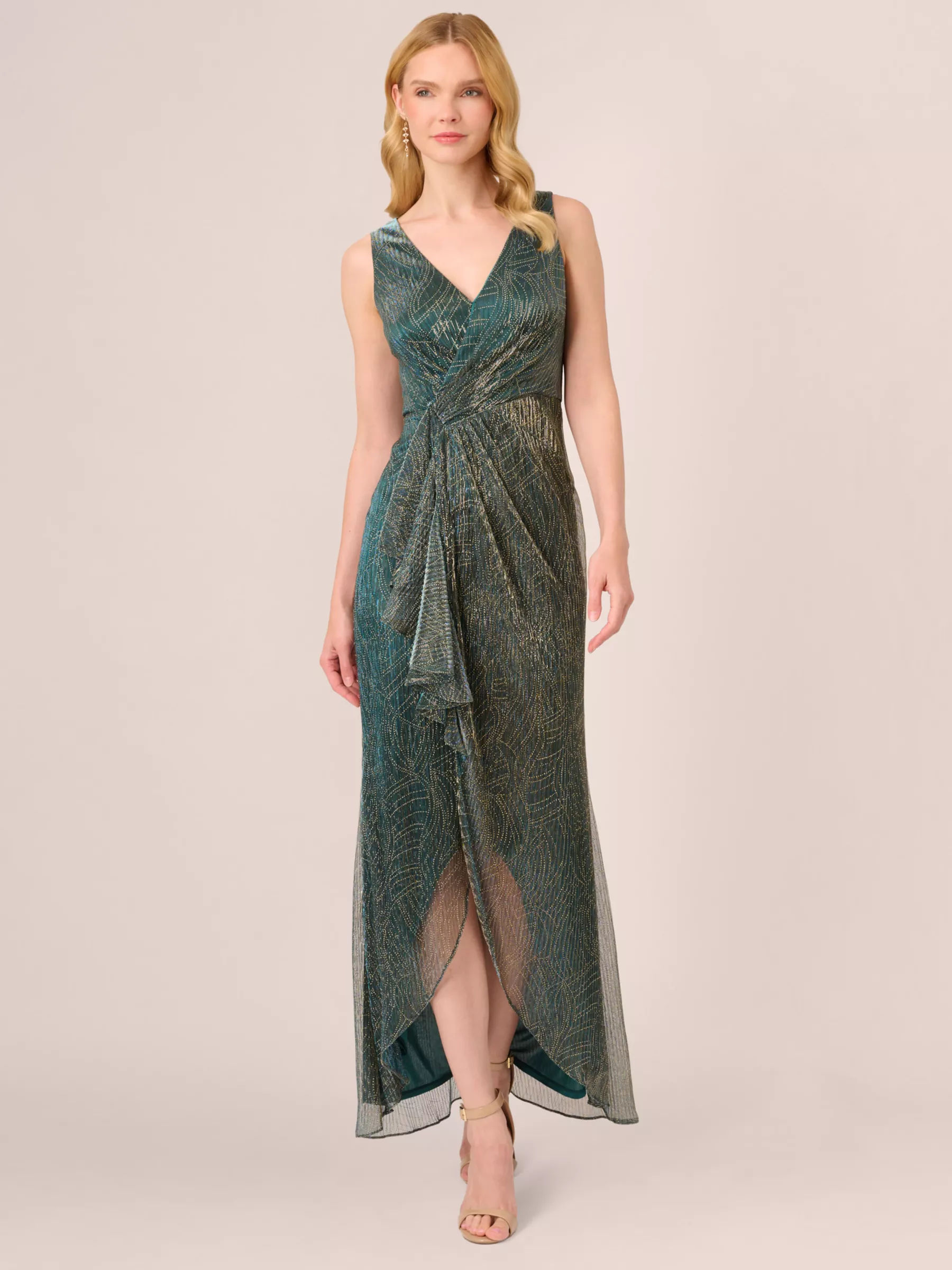 Adrianna Papell Metallic Mesh Cascade Maxi Dress Evergreen