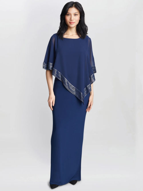 Gina Bacconi Amber Asymmetrical Cape Maxi Dress, Dark Navy