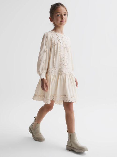 John Lewis Kids' Short Sleeve Lace Dress, Ivory at John Lewis