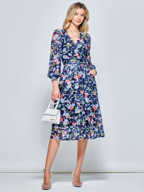 Jolie Moi Long Sleeve Floral Mesh Midi Dress, Scarlet/Multi at John Lewis &  Partners